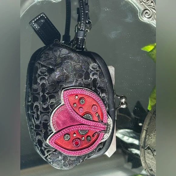Coach Ladybug Embroidered Signature & Suede Lurex Kisslock Coin Pouch 💎 🐞 - Picture 7 of 10